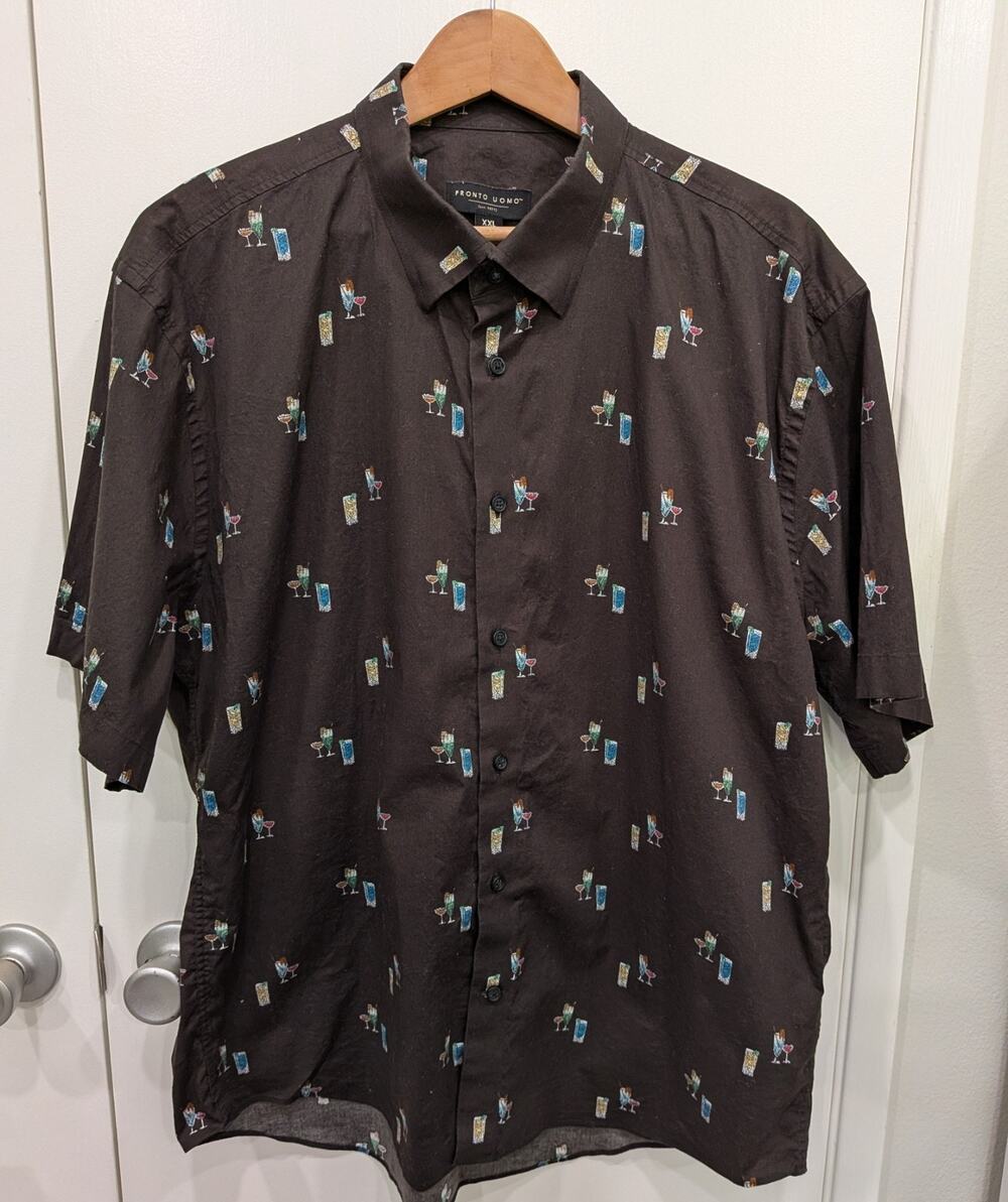 Pronto Uomo Mens XXL Novelty Cocktail Print Short Sleeve Button Down Shirt Brown